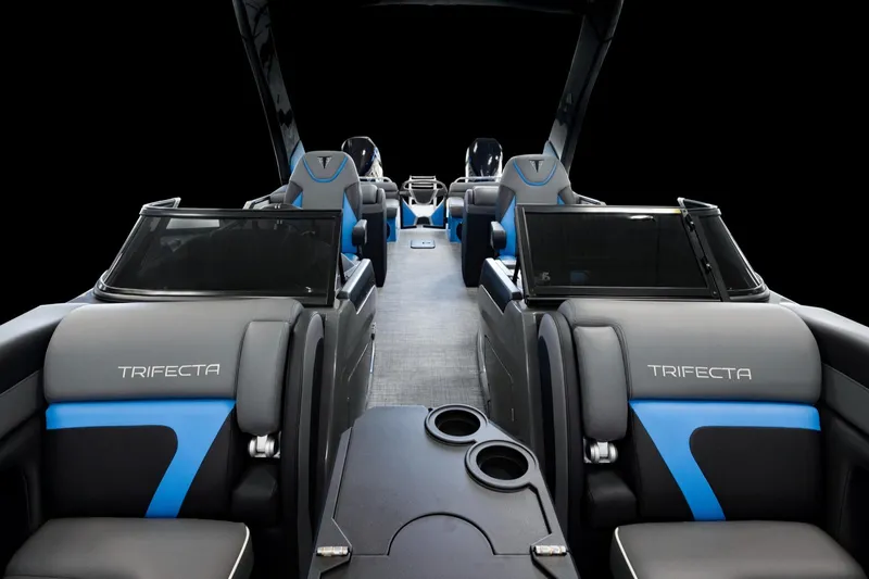 Slide: The Image of 2025 Trifecta 25 Sport RF9 DC 3.0+ luxury boat interior with modern seating. - 12