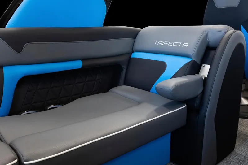Slide: The Image of 2025 Trifecta 25 Sport RF9 DC 3.0+ luxury boat seating in blue and gray. - 15