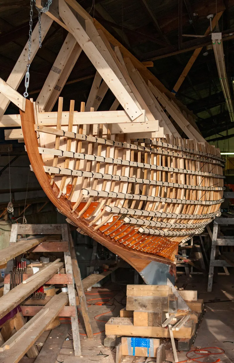 Slide: The Image of 1931 Sparkman & Stephens 36 Sloop under construction in a workshop. - 15