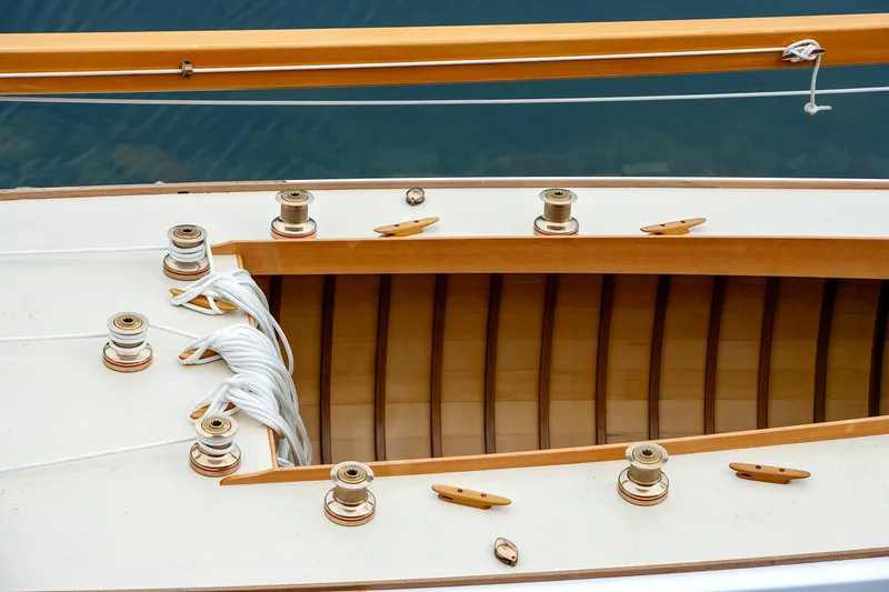 Slide: The Image of Close-up of 1931 Sparkman & Stephens 36 Sloop deck with winches and ropes. - 3