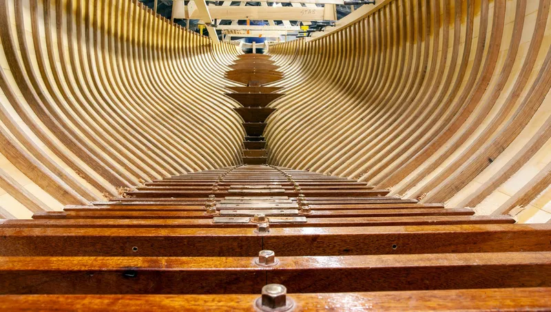 Slide: The Image of Interior view of 1931 Sparkman & Stephens 36 Sloop wooden hull under construction. - 31