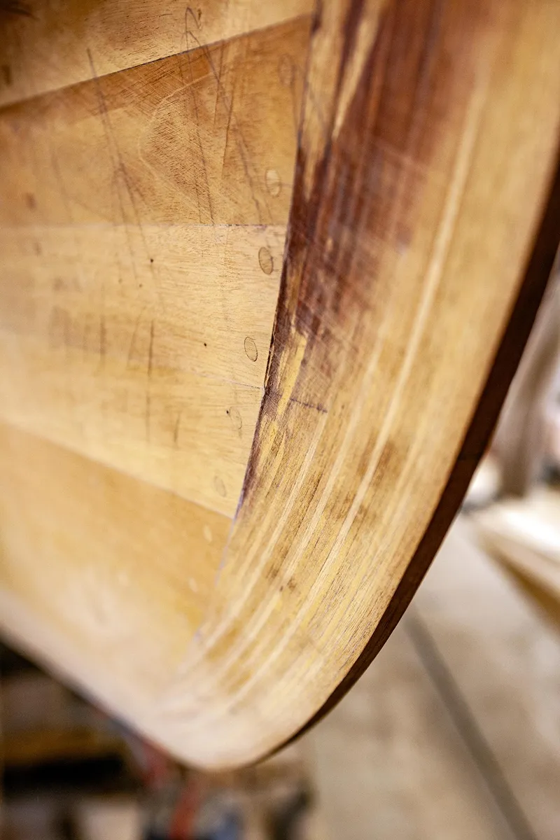 Slide: The Image of Close-up of 1931 Sparkman & Stephens 36 Sloop wooden hull. - 33