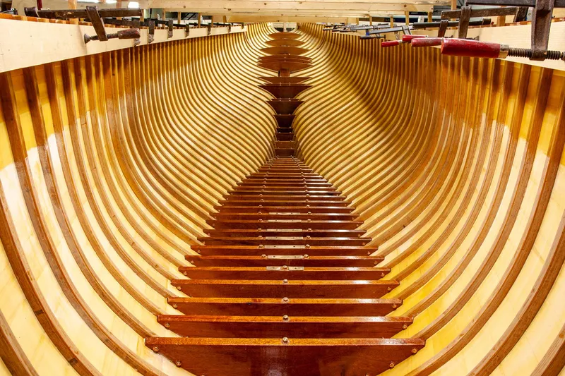 Slide: The Image of Interior view of 1931 Sparkman & Stephens 36 Sloop wooden hull under construction. - 36