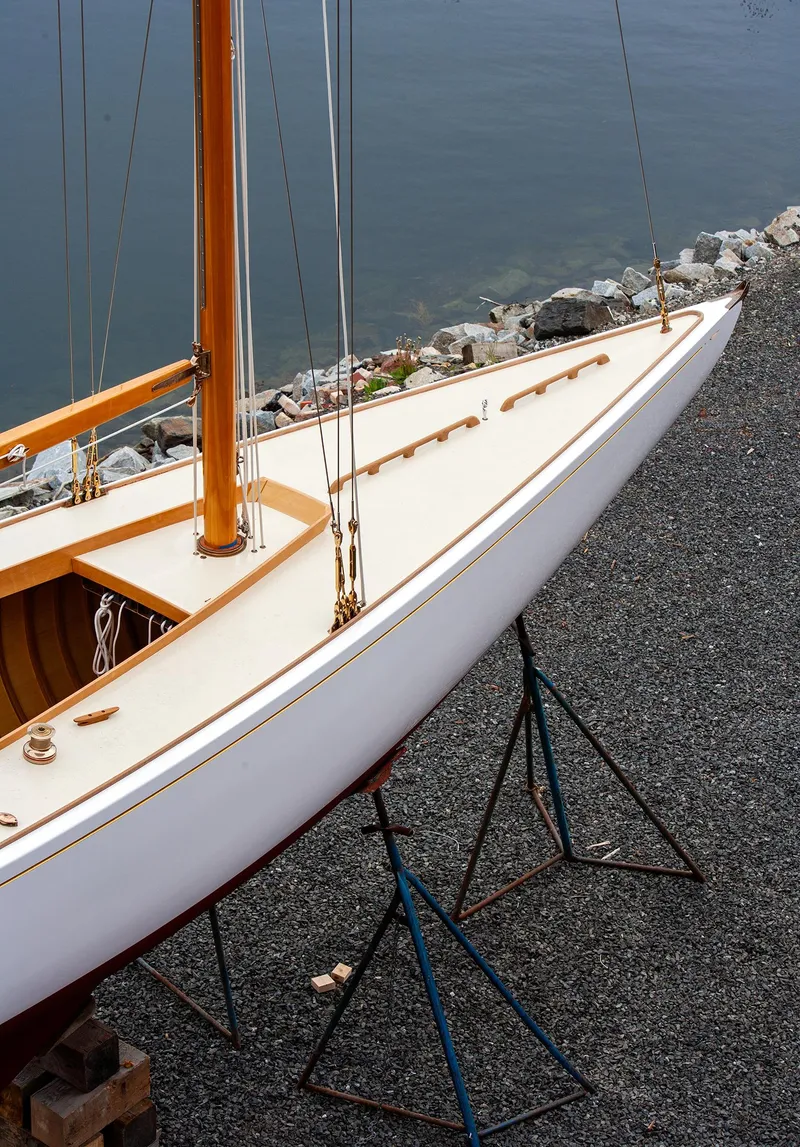 Slide: The Image of 1931 Sparkman & Stephens 36 Sloop on stands by the water - 5