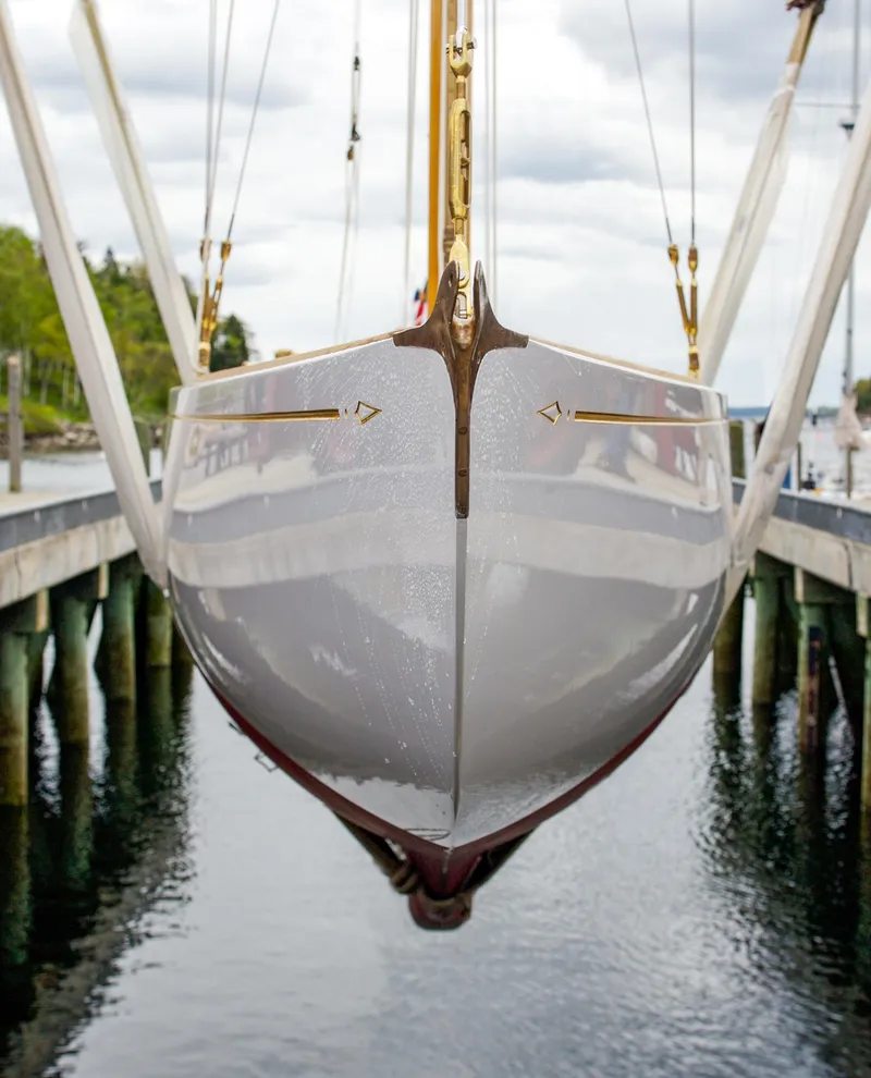 Slide: The Image of 1931 Sparkman & Stephens 36 Sloop in dry dock, front view. - 8