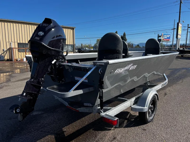 Slide: The Image of 2024 Fish Rite Angler 18 boat on a trailer, rear view. - 3