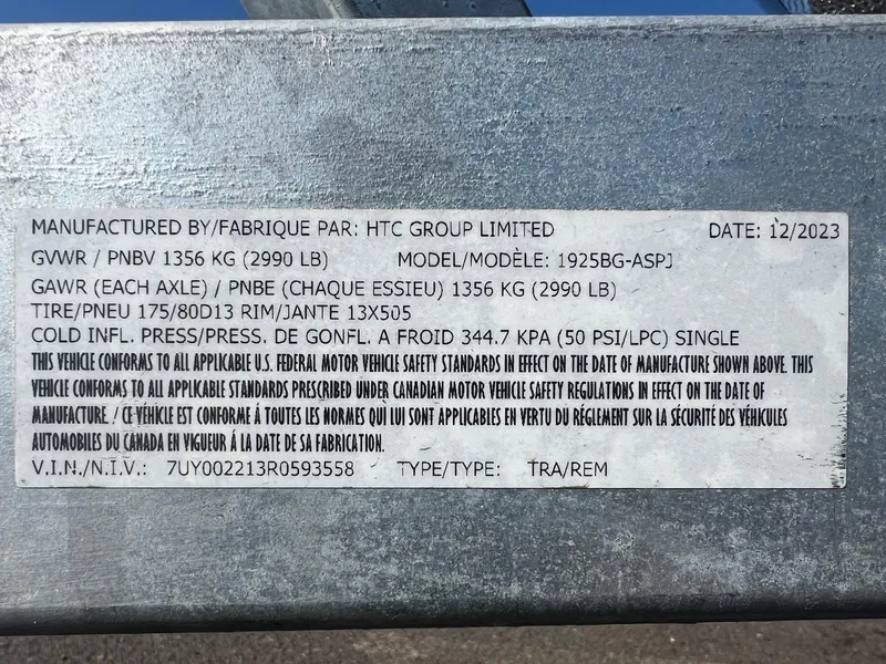 Slide: The Image of Label on a 2024 Fish Rite 180 Sportsman trailer, detailing specifications and compliance information. - 15