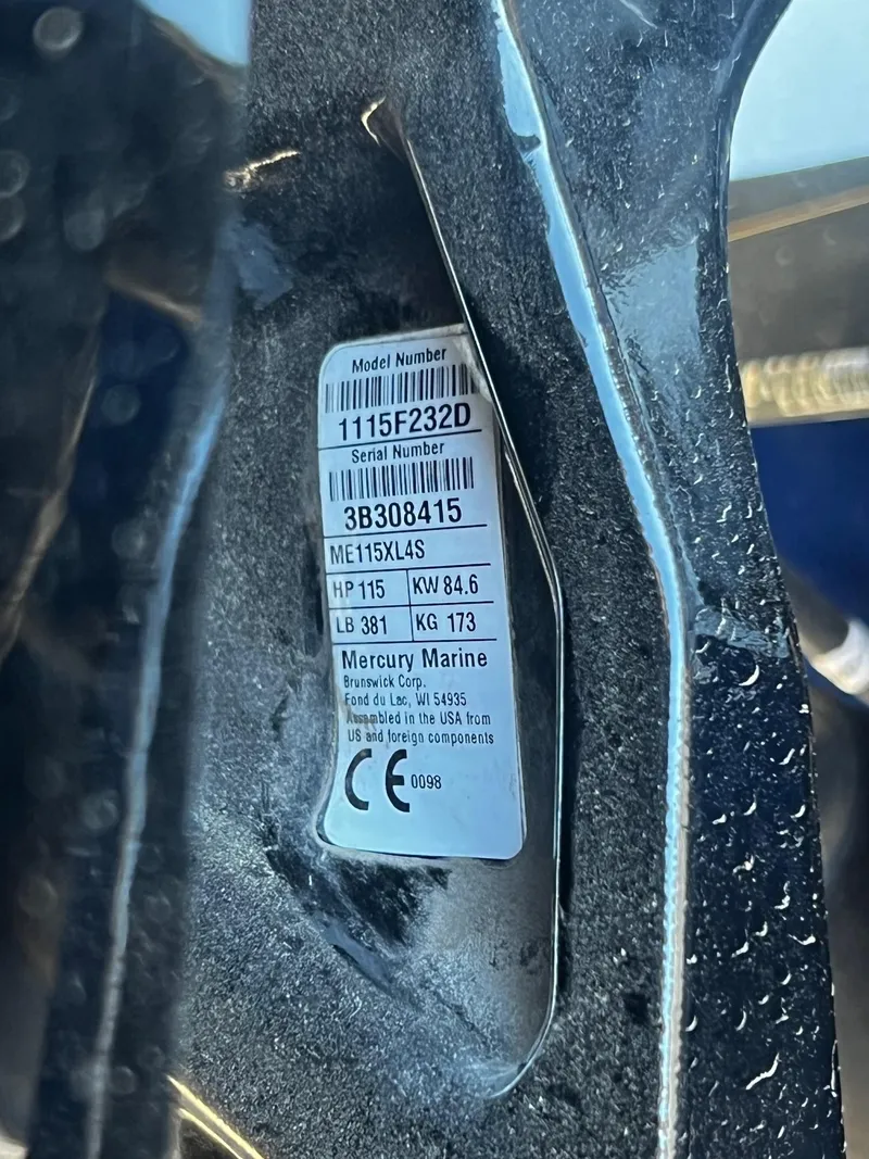 Slide: The Image of Close-up of Mercury Marine engine label on 2024 Fish Rite 180 Sportsman boat. - 16