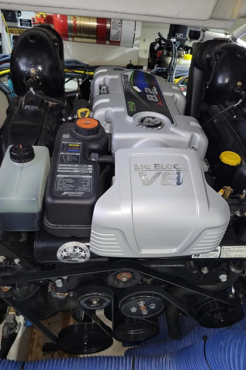 Slide: The Image of 2021 Cruisers Yachts 38 GLS I/O engine compartment with Big Block V8 engine. - 37