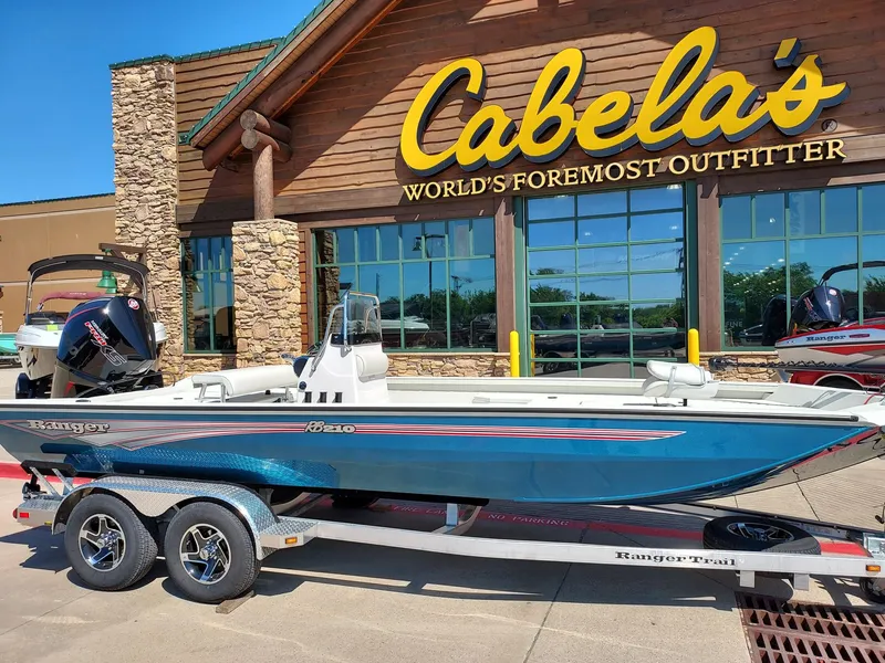 Slide: The Image of 2024 Ranger RB210 boat on trailer outside Cabela's store. - 1