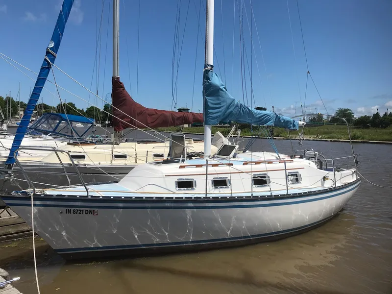 The Image of 1983 Hunter 27 sailboat docked in a marina on a sunny day. - 0