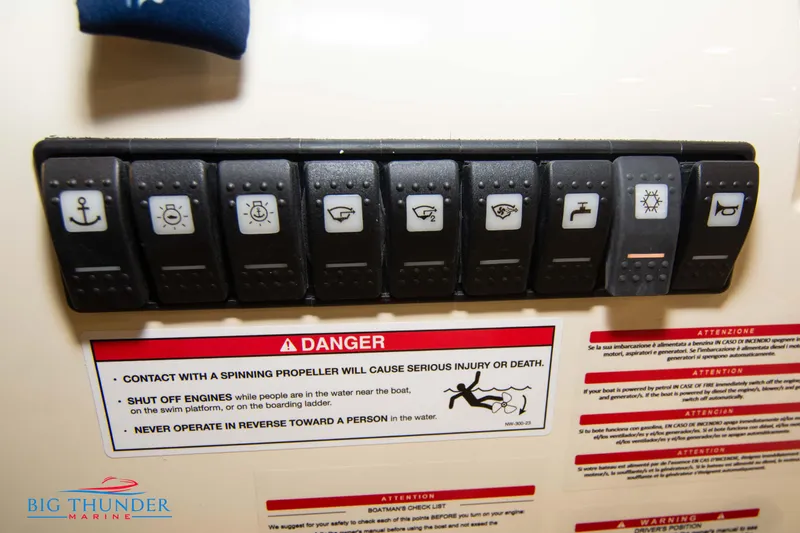 Slide: The Image of Control panel of a 2024 Capoforte SX200 boat with safety warnings and Big Thunder Marine logo. - 22