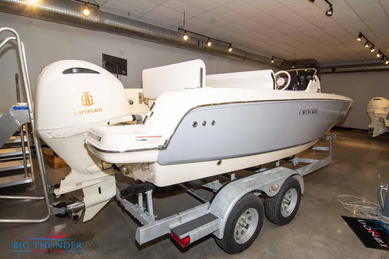 Slide: The Image of 2024 Capoforte SX200 boat on a trailer in a showroom. - 3