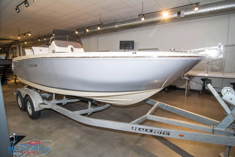 Slide: The Image of 2024 Capoforte SX200 boat on a trailer in a showroom. - 38