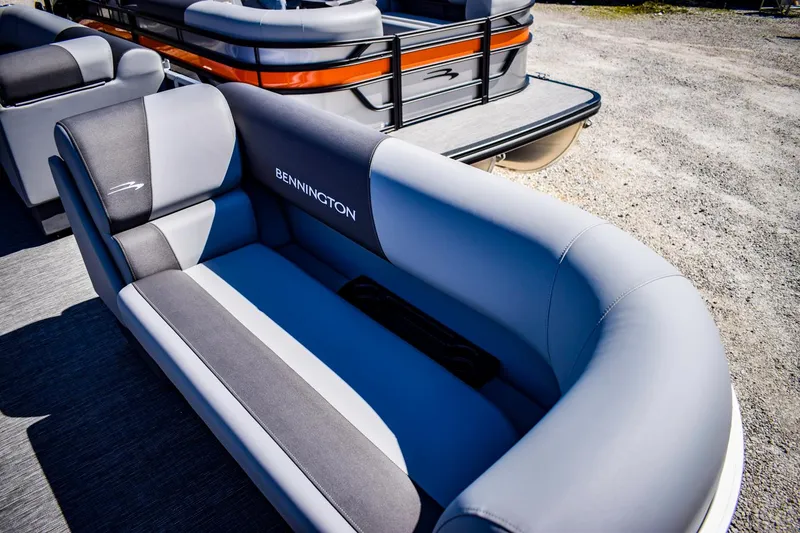 Slide: The Image of 2024 Bennington 20 SVLSR pontoon boat with gray and black seating. - 6