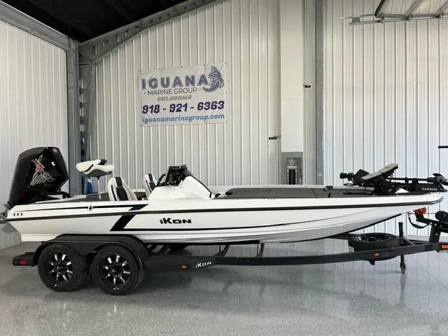 The Image of 2024 iKon LX20 boat on trailer in showroom, Iguana Marine Group sign in background. - 1
