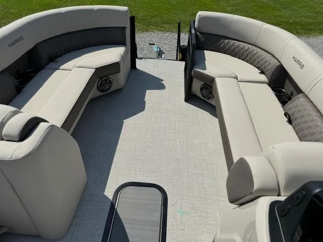 Slide: The Image of 2024 Harris FloteBote Sunliner 230 interior with luxurious seating and modern design. - 6