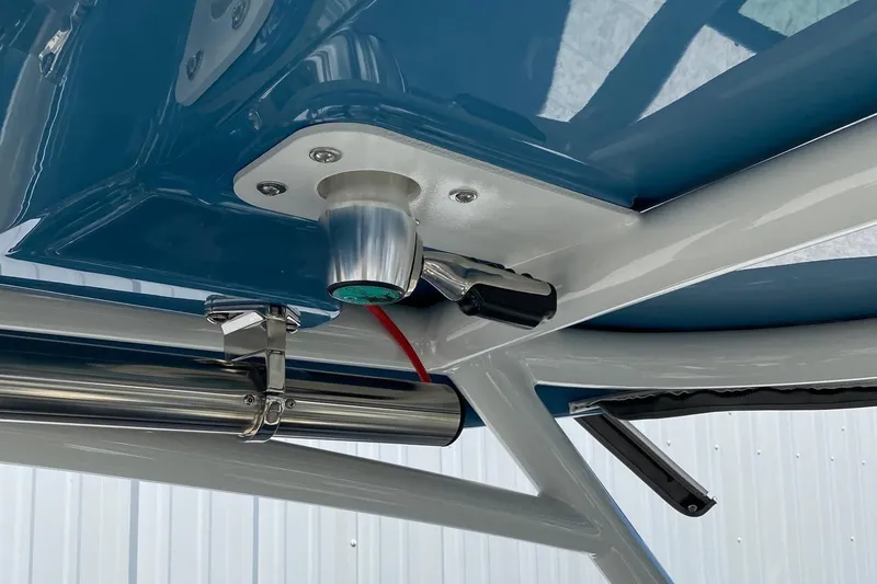 Slide: The Image of Close-up of 2024 Finseeker 280 DC boat's overhead structure and fittings. - 45
