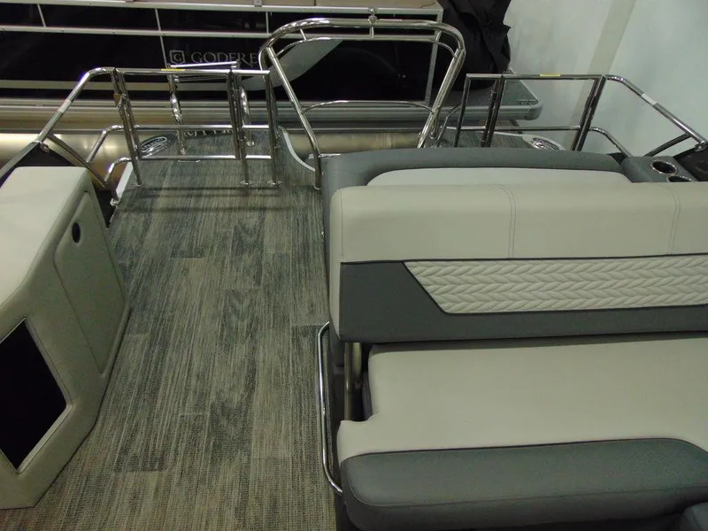 Slide: The Image of 2024 Godfrey Monaco 235 SFL iMPACT Package interior with modern seating and sleek design. - 6