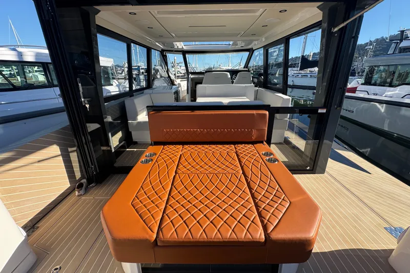 Slide: The Image of Luxurious interior of 2026 Saxdor 400 GTC yacht with elegant seating and modern design. - 28