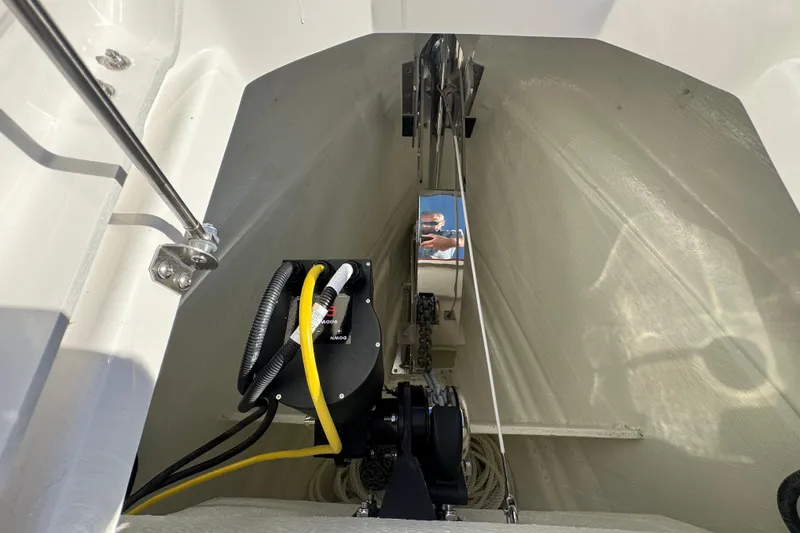 Slide: The Image of Interior view of 2026 Saxdor 400 GTC boat, showcasing mechanical components and wiring. - 55