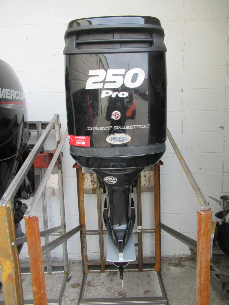 Slide: The Image of 2018 Mercury 250L PRO XS OPTI outboard motor in storage. - 1