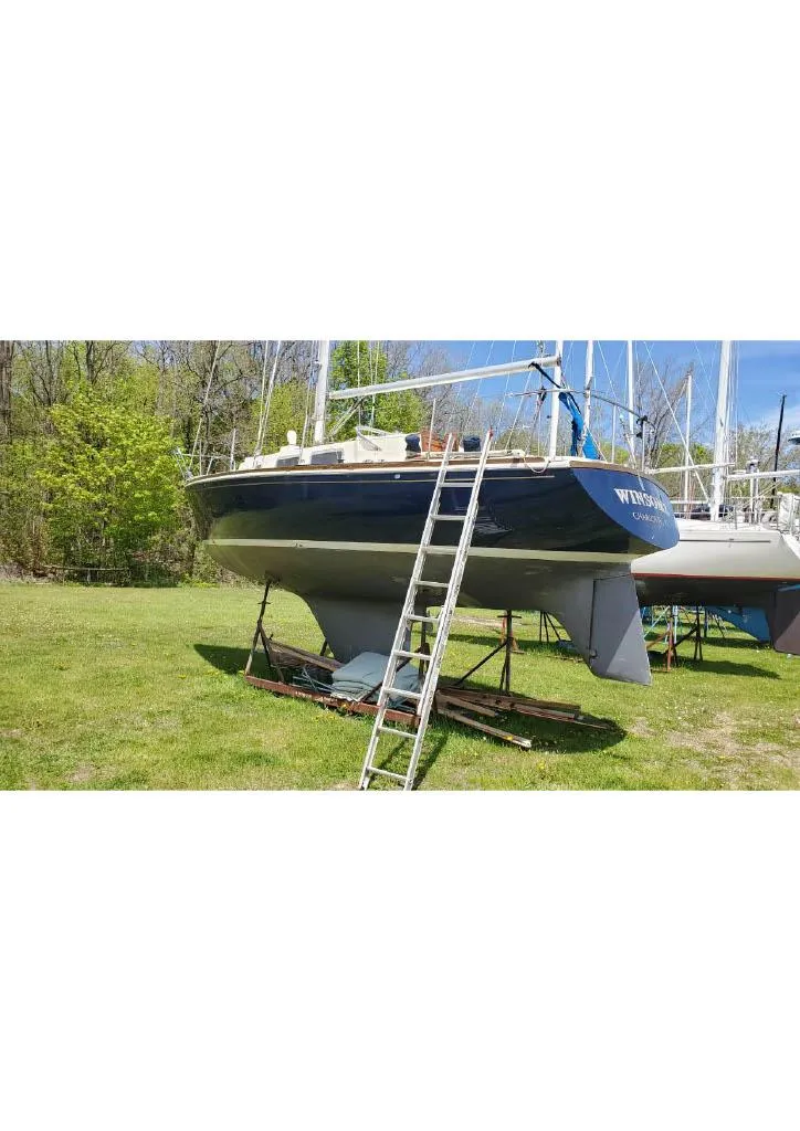 Slide: The Image of 1974 Tartan 30 sailboat on land with ladder, surrounded by greenery. - 14