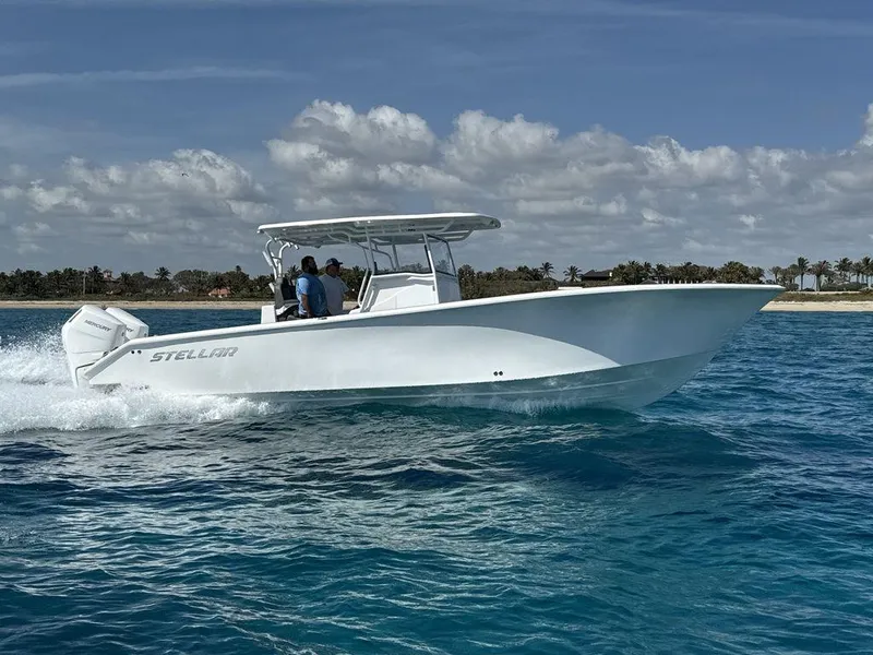 Slide: The Image of Custom 335 boat cruising on clear blue water, 2024 model. - 13