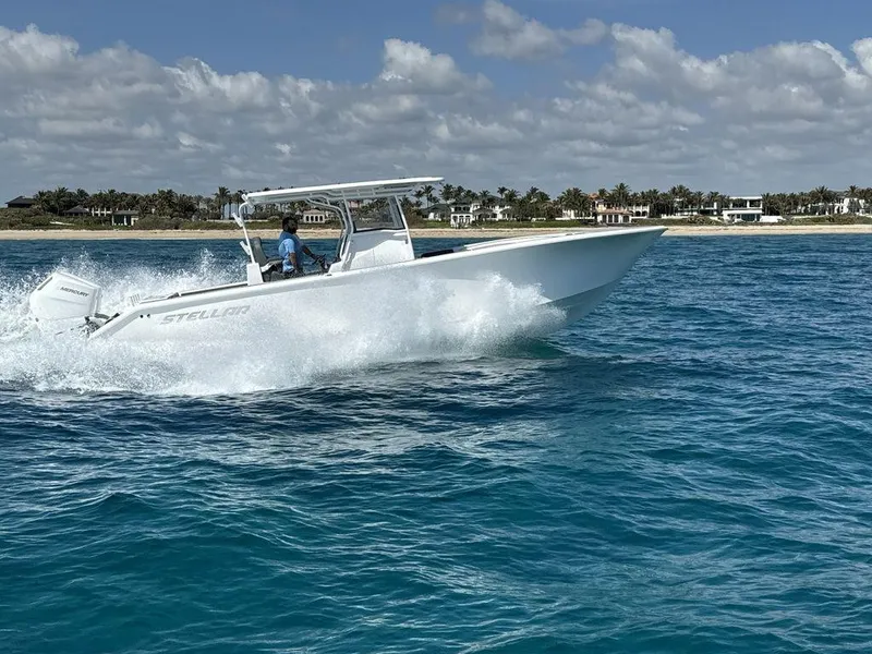 Slide: The Image of Custom 335 boat cruising on clear blue water near a coastal area, 2024 model. - 15