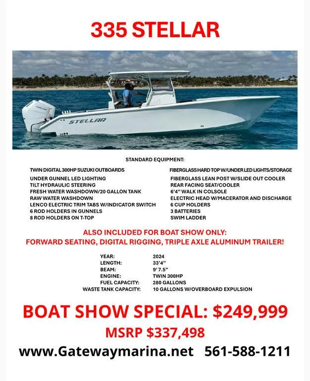 Slide: The Image of Custom 335 Stellar boat, 2024 model, boat show special, $249,999, Gateway Marina contact info. - 16
