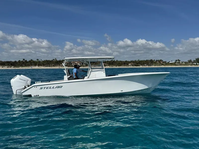 Slide: The Image of 2024 Custom 335 boat cruising on clear blue water. - 6