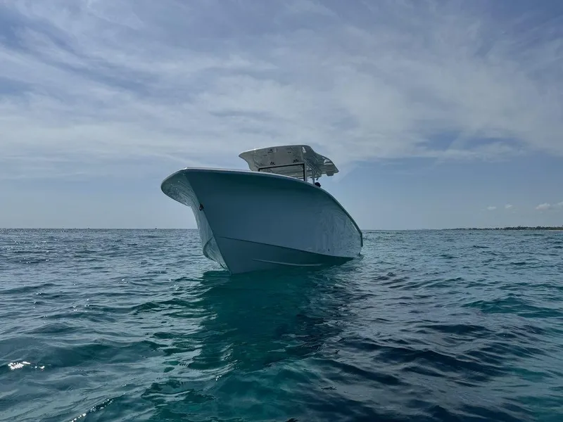 Slide: The Image of 2024 Custom 335 boat on calm ocean waters under a clear sky. - 9