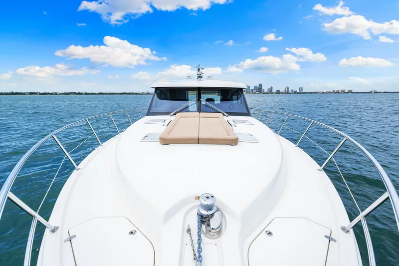Slide: The Image of 2017 Riviera 575 SUV yacht on open water with city skyline in background. - 22