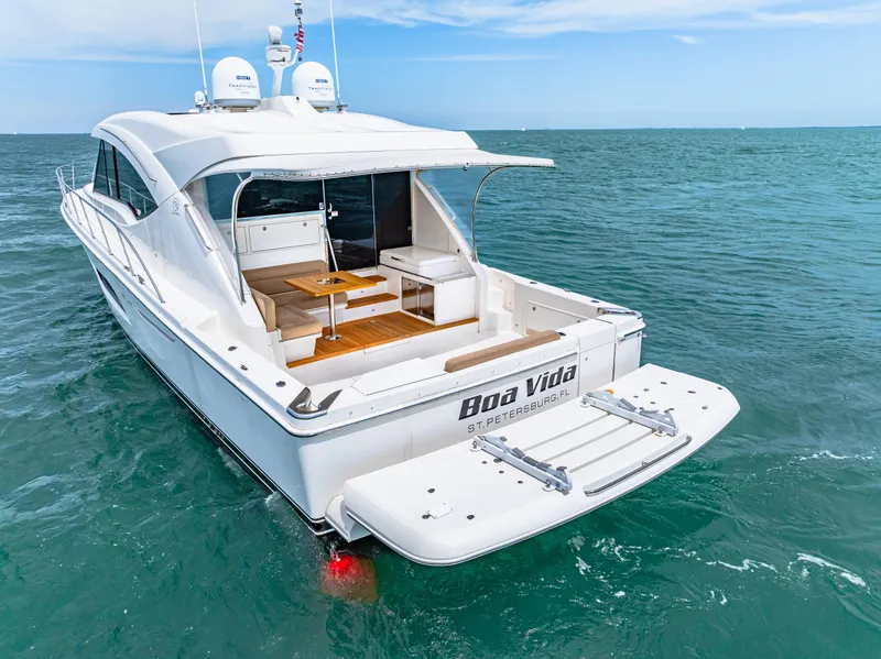Slide: The Image of 2017 Riviera 575 SUV yacht on open water, rear view. - 4