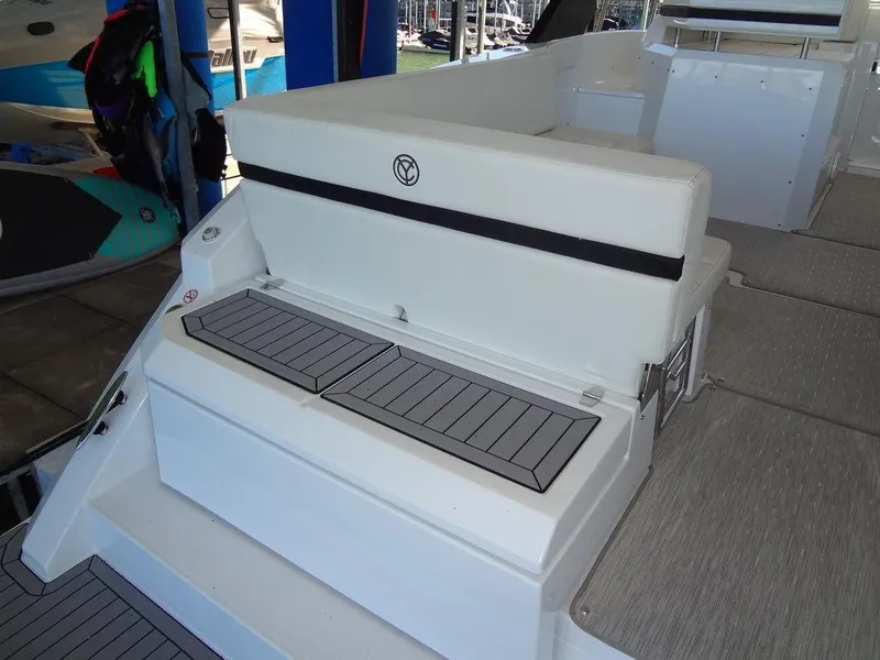 Slide: The Image of 2021 Cruisers Yachts 39 Express Coupe interior with seating and table. - 27