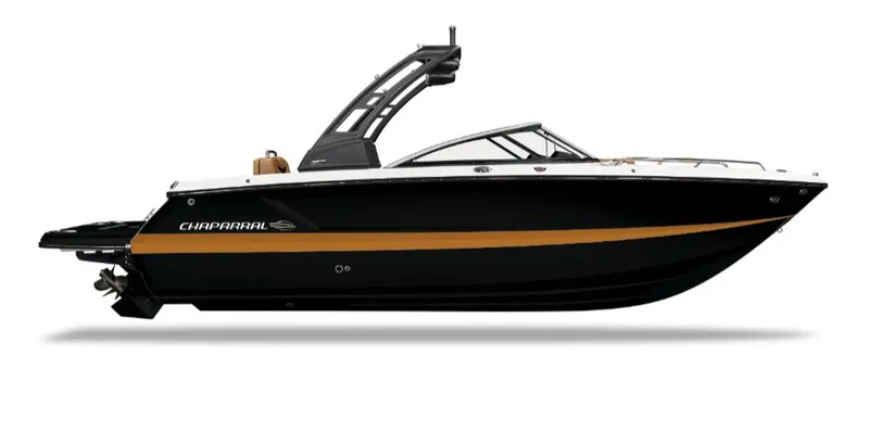 Slide: The Image of 2024 Chaparral 247 SSX boat, black and gold, side view. - 18