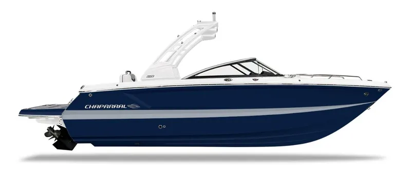 Slide: The Image of 2024 Chaparral 247 SSX boat, side view, blue and white color scheme. - 18