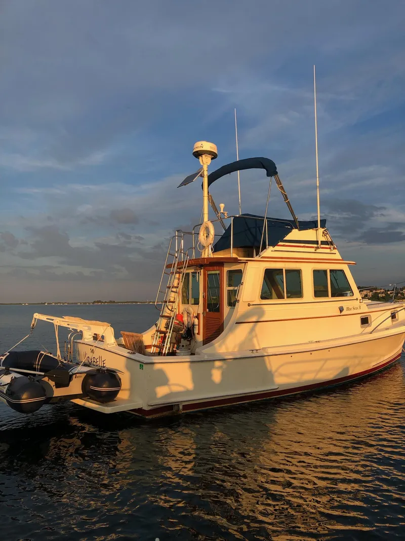Slide: The Image of 1989 Blue Seas Flybridge Cruiser on calm water at sunset. - 38