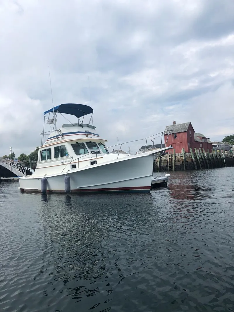 Slide: The Image of 1989 Blue Seas Flybridge Cruiser on calm water near a rustic dock. - 43