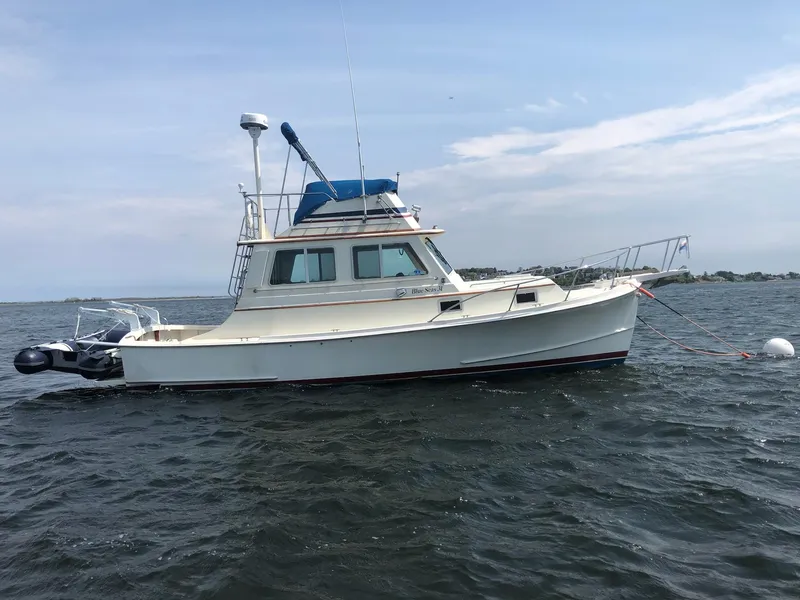 Slide: The Image of 1989 Blue Seas Flybridge Cruiser on calm waters under a clear sky. - 44