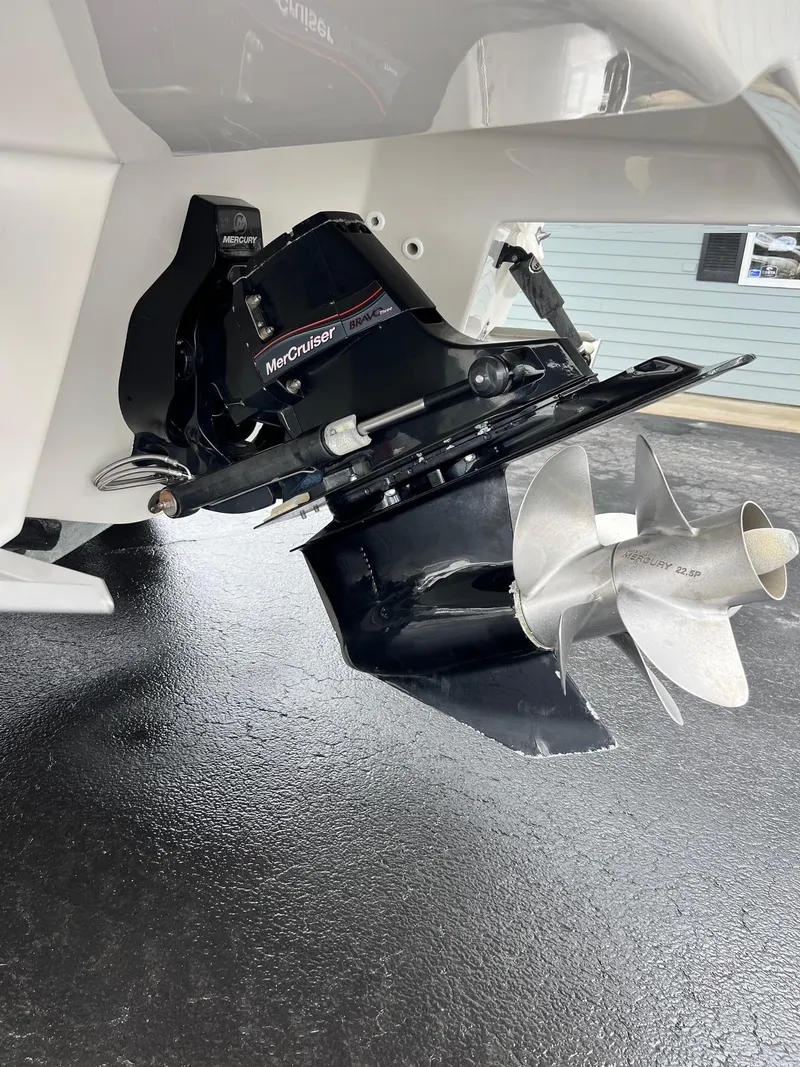 Slide: The Image of Close-up of a 2014 Monterey 268 boat's MerCruiser outdrive and propeller. - 6