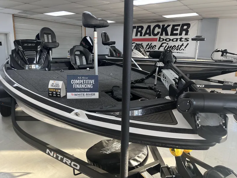 Slide: The Image of 2024 Nitro Z20 boat displayed in showroom with competitive financing sign. - 2