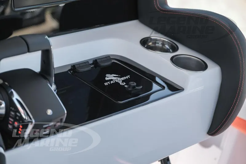 Slide: The Image of Control panel of the 2025 Statement 350 Open boat with cup holders. - 14