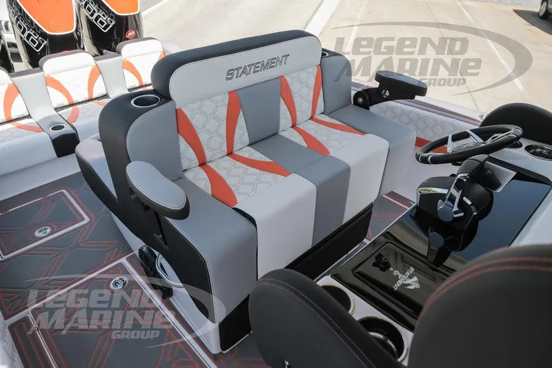 Slide: The Image of 2025 Statement 350 Open boat interior with custom seating and modern dashboard. - 19