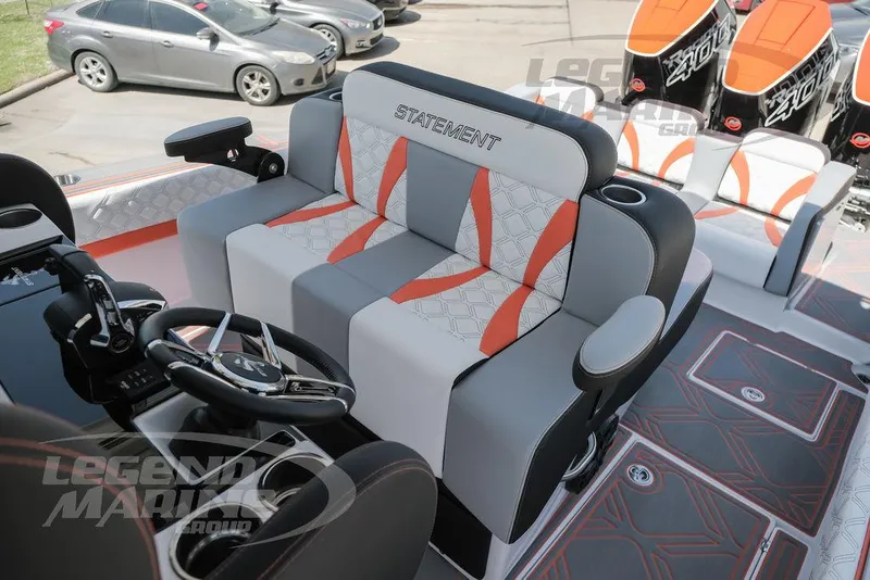 Slide: The Image of 2025 Statement 350 Open boat interior with modern seating and steering wheel. - 20