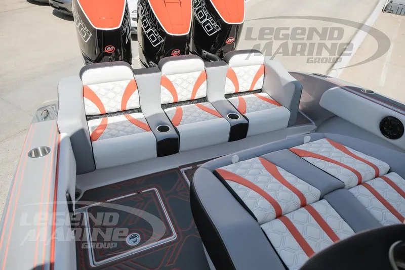 Slide: The Image of 2025 Statement 350 Open boat interior with stylish seating and powerful outboard engines. - 22