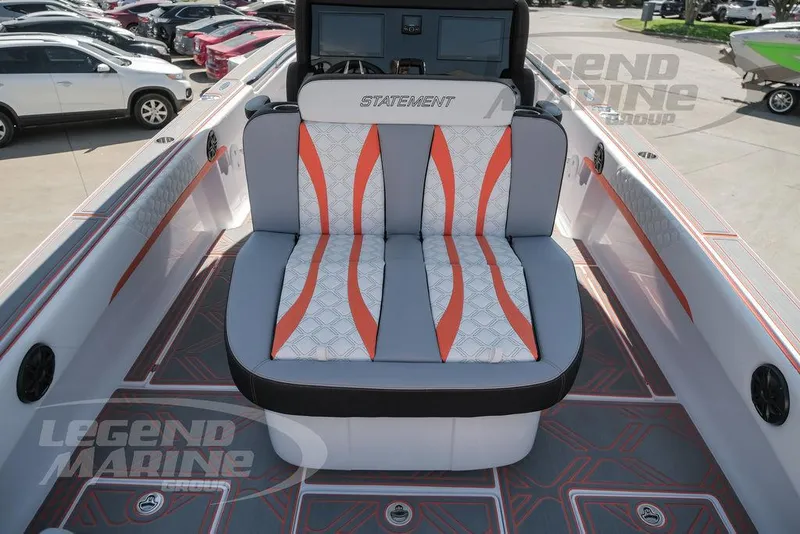 Slide: The Image of Statement 350 Open 2025 boat interior with stylish seating and modern dashboard. - 23