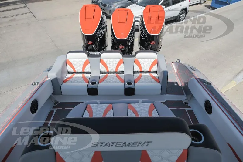 Slide: The Image of 2025 Statement 350 Open boat with triple outboard engines and custom seating. - 25