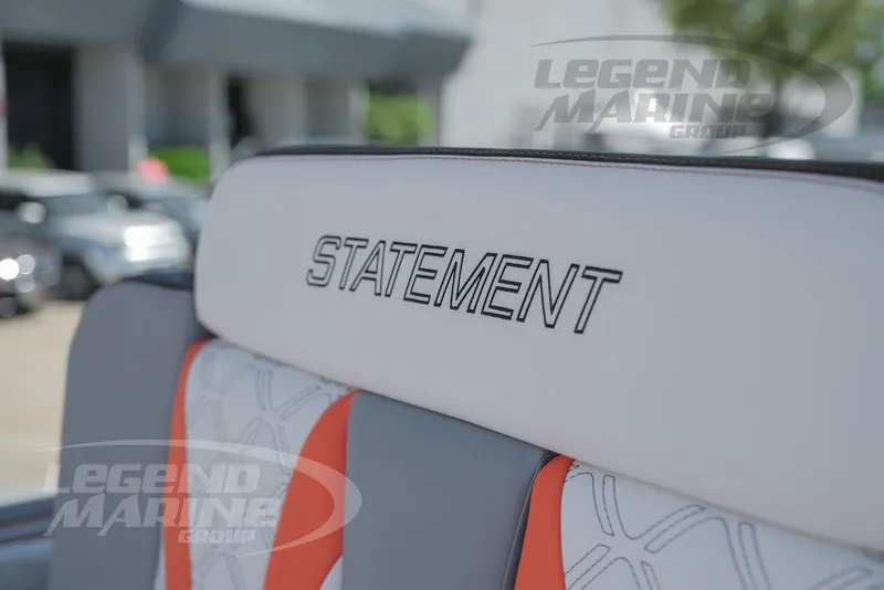 Slide: The Image of 2025 Statement 350 Open boat seat with Legend Marine Group branding. - 29