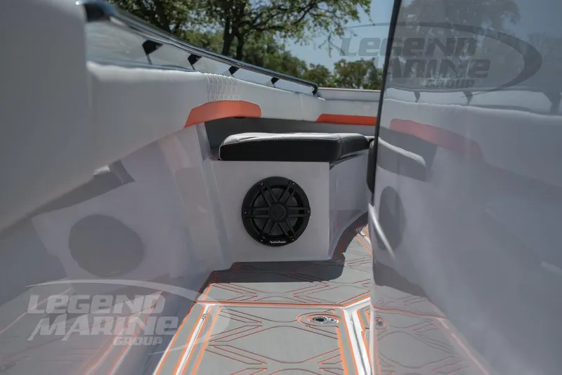 Slide: The Image of 2025 Statement 350 Open boat interior with seating and speaker system. - 38